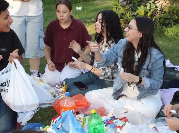 Picnic on a white blanket with snacks and conversation